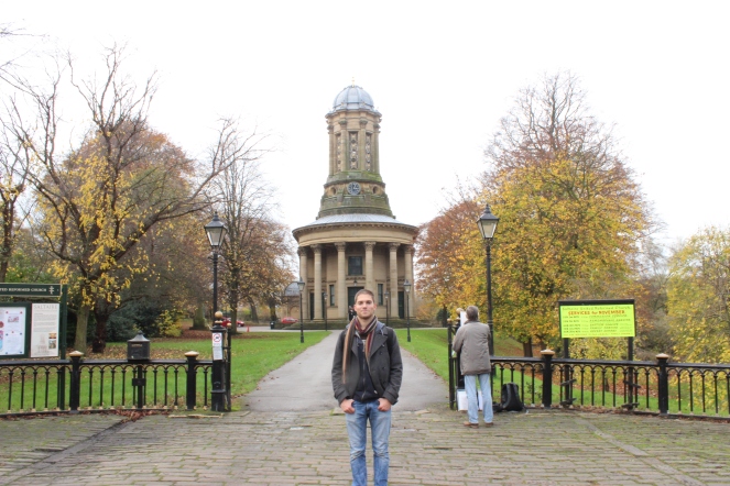 Mark poses in before some of Saltaire's great architecture.